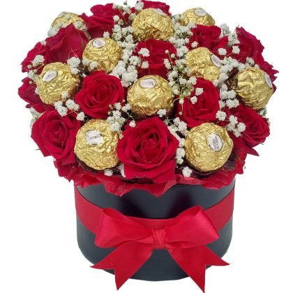 Mini roses with baby breath & ferrero rocher