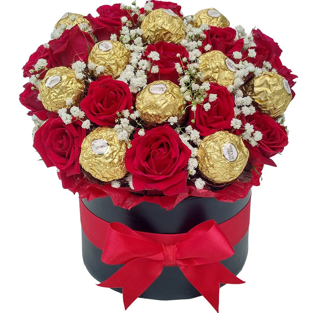 Mini roses with baby breath & ferrero rocher