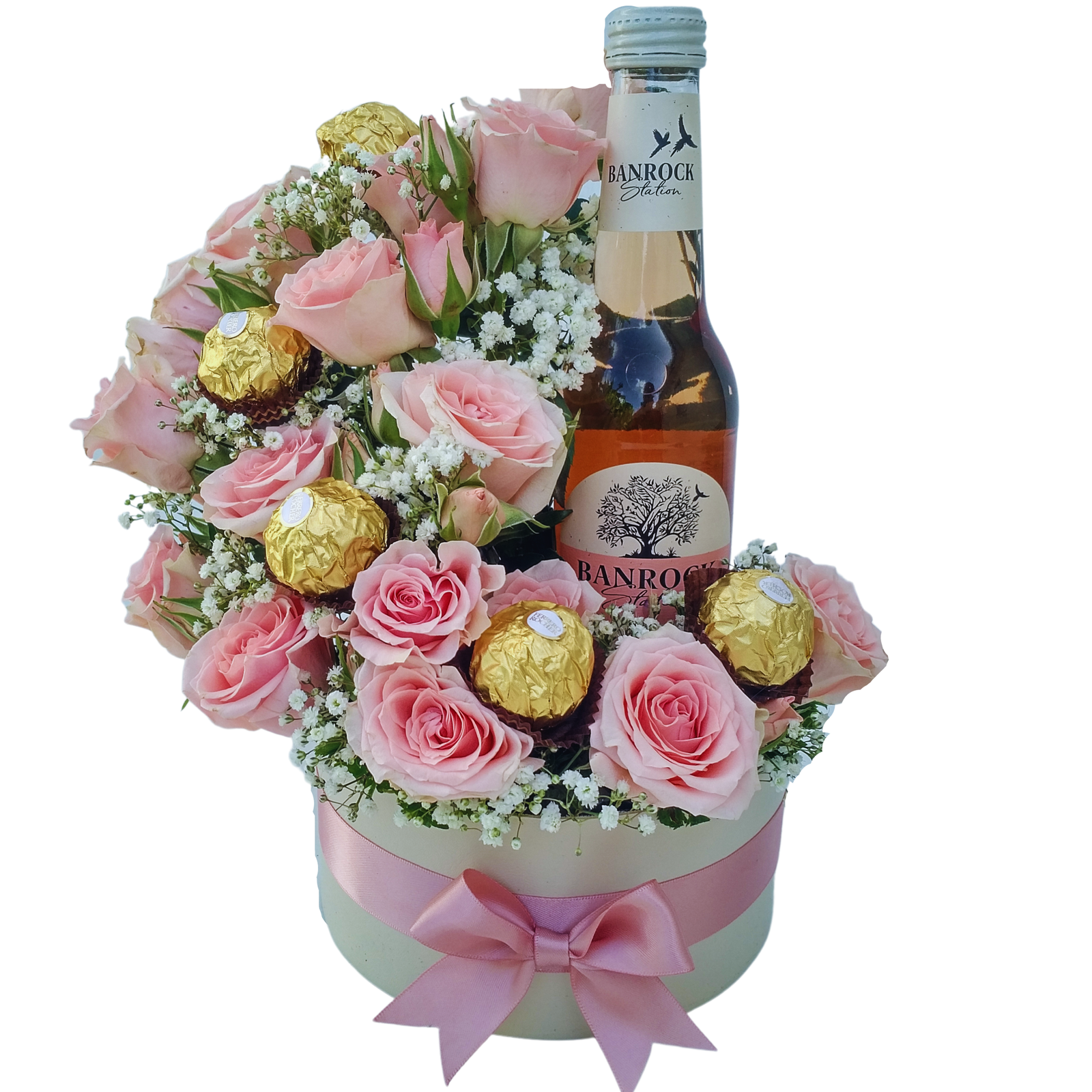 Mini roses with baby breath & Ferrero rocher plus Baailey 200ml