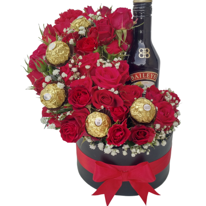 mini roses with baby breath & Ferrero rocher plus Baileys 200ml