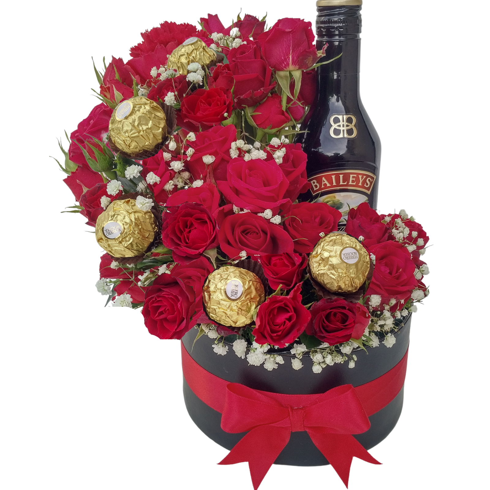 mini roses with baby breath & Ferrero rocher plus Baileys 200ml
