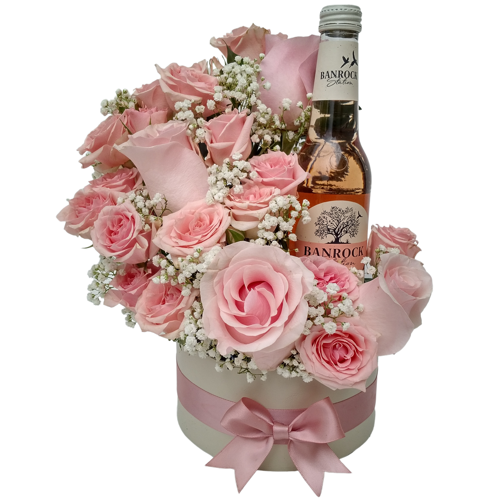 4 roses & mini roses with baby breath plus Banrock 200ml