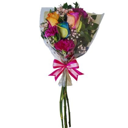 3 rainbow roses with 3 carnation & baby breath