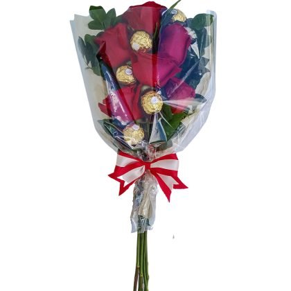 6 roses with 5 ferrero rocher