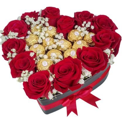 12 Roses & baby breath with Ferrero rocher