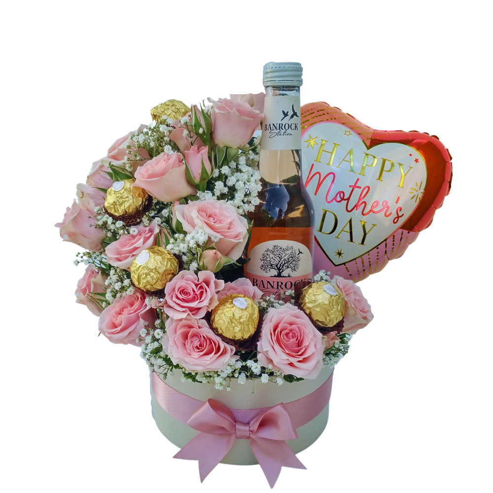 CS6 - mini roses with baby breath & Ferrero rocher plus Banrock 200ml