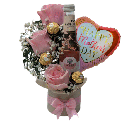 CS9 - 3 roses with baby breath & Ferrero rocher plus Banrock 200ml